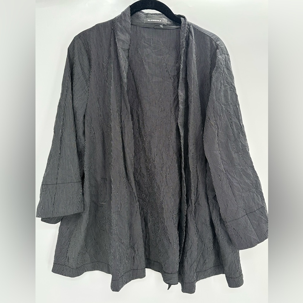 Alembika Open Front Jacket Gray Micro Check Crinkle Texture Size 1 4-6